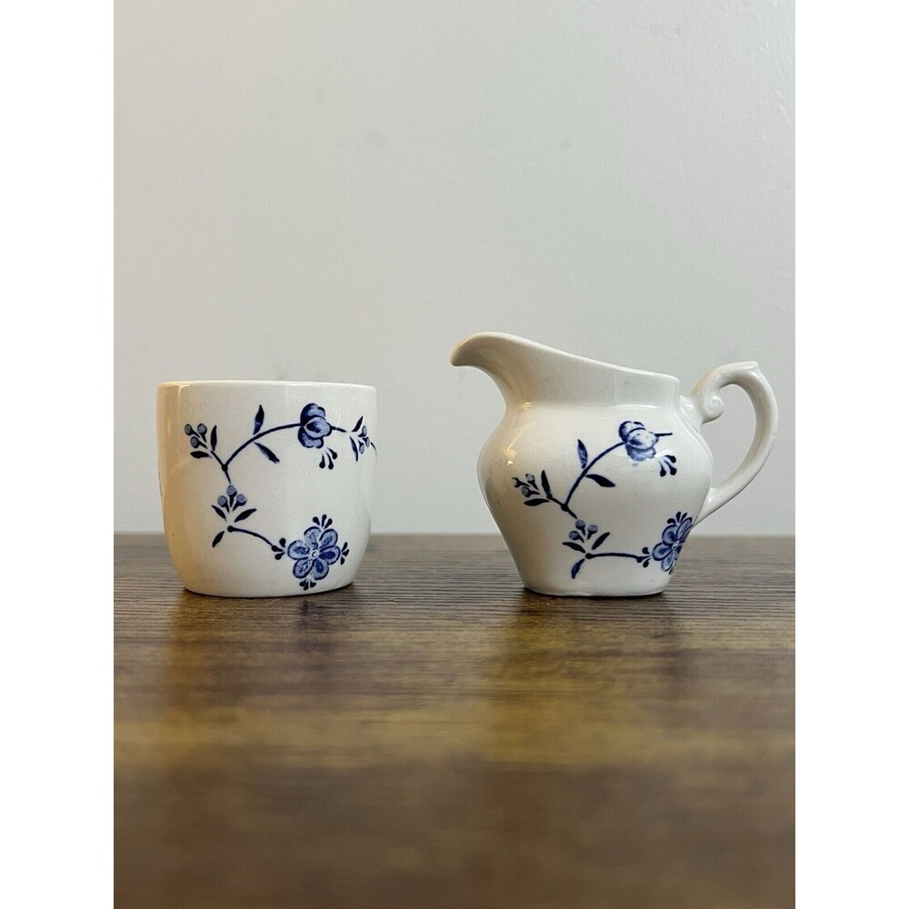 Vintage England Myott White Cobalt Blue Pitcher & Cup Miniature 2”